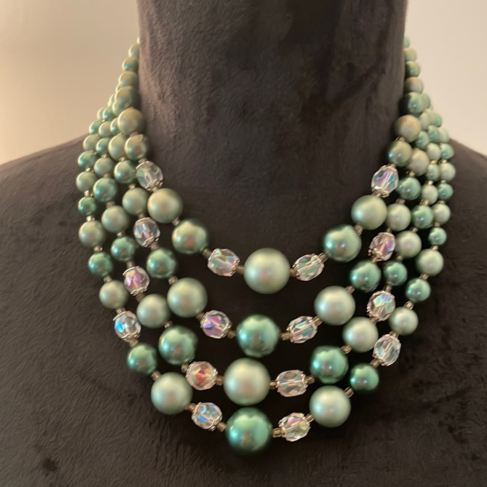 Vintage 4 Strand Dark and Light Green Necklace and Earrings